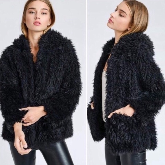 Kalli Collection Jackets & Blazers - Black Shaggy Fluffy Hoodie